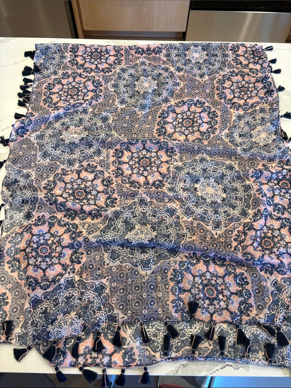 Maurices Navy and Pink Medallion Tassel Throw
